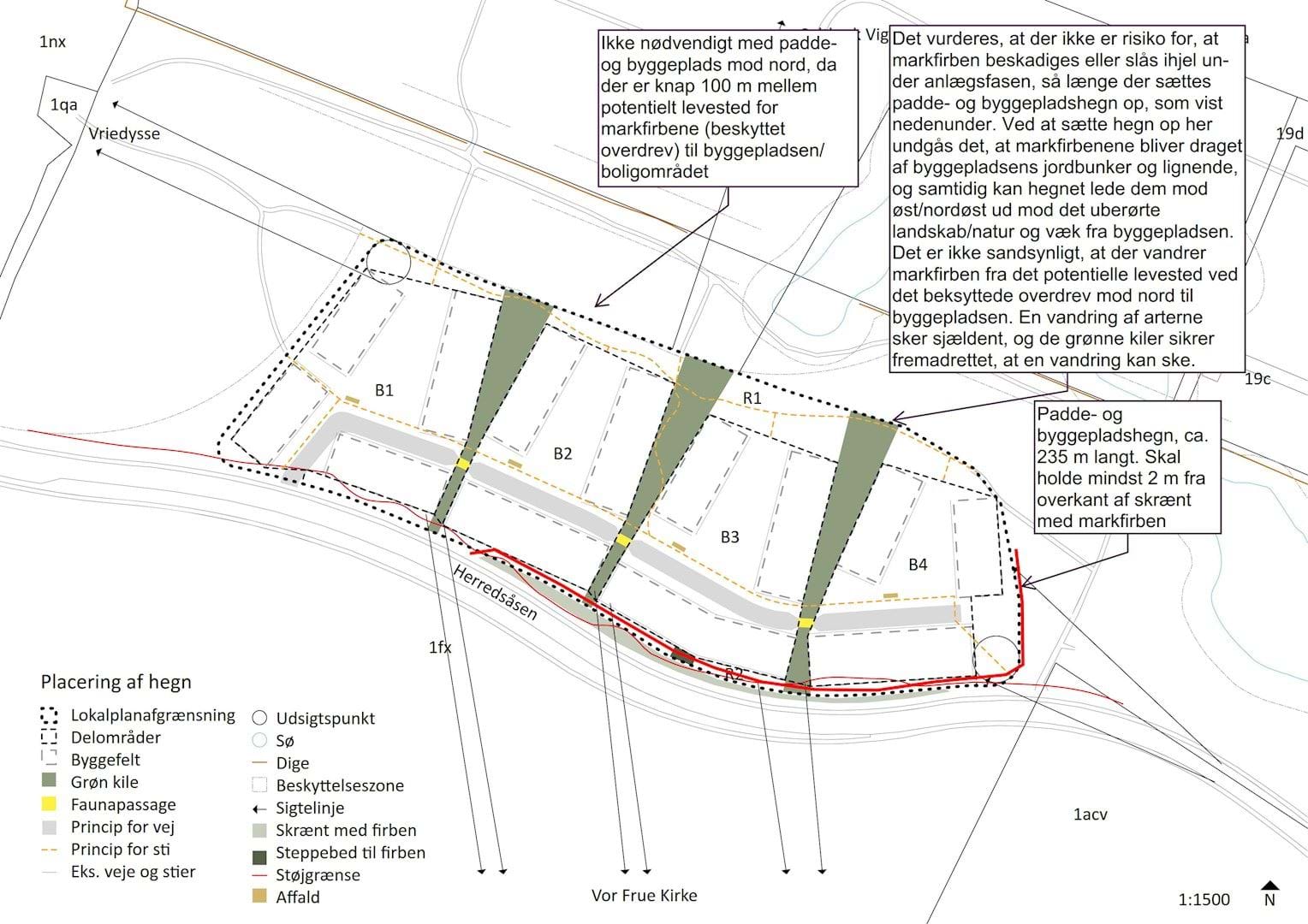 Oversigtskort med angivelse af placering af padde- og byggepladshegn i forbindelse med anlæg og byggemodning